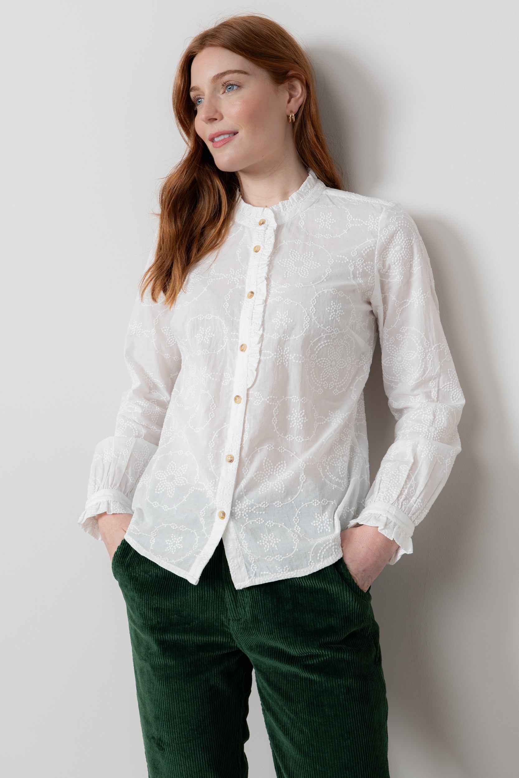 Lily and Me Rachel Frill Blouse Embroidered-Shirts & Tops-White finn