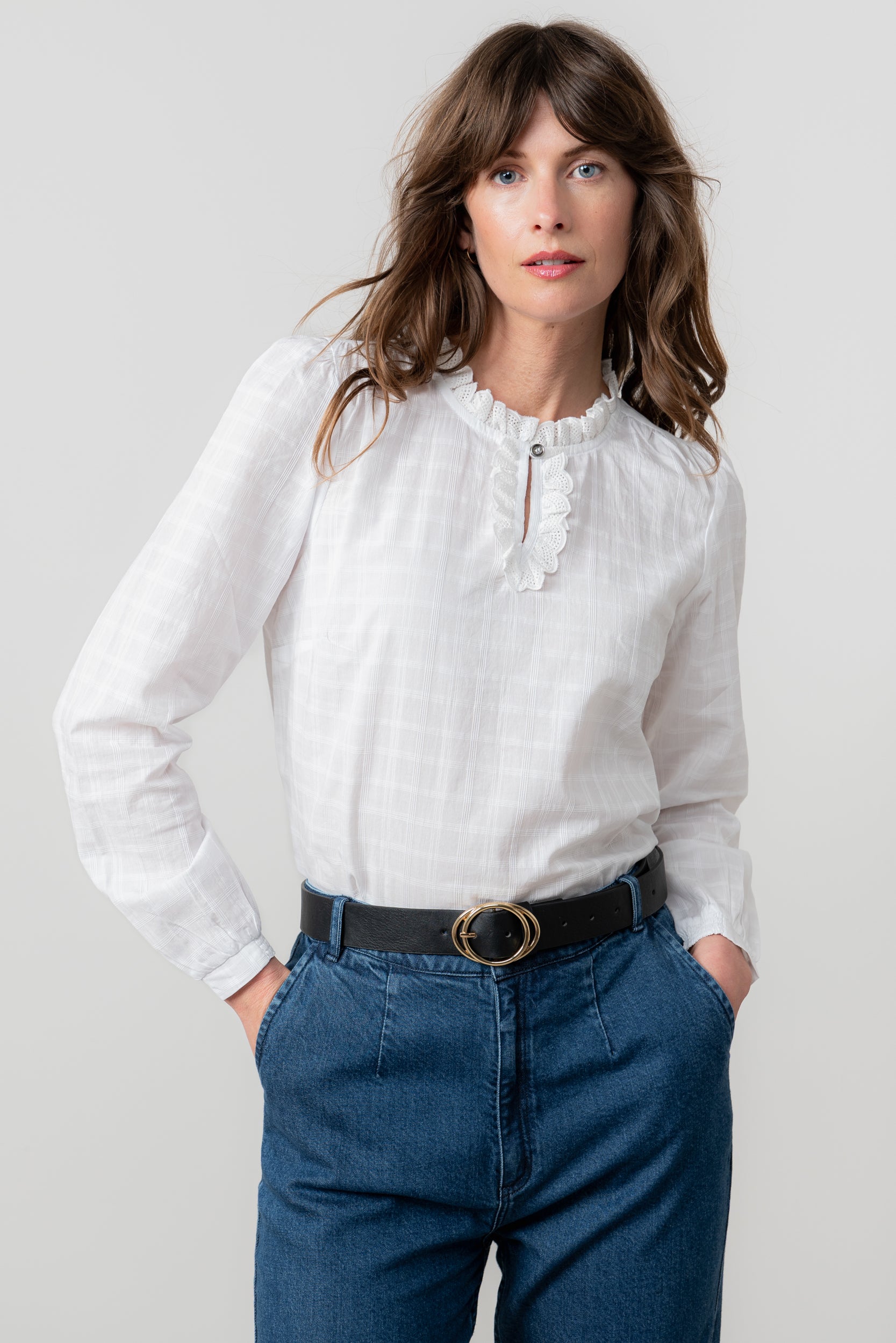 Lily and Me Emily Blouse Plain Check-Shirts & Tops-White finn