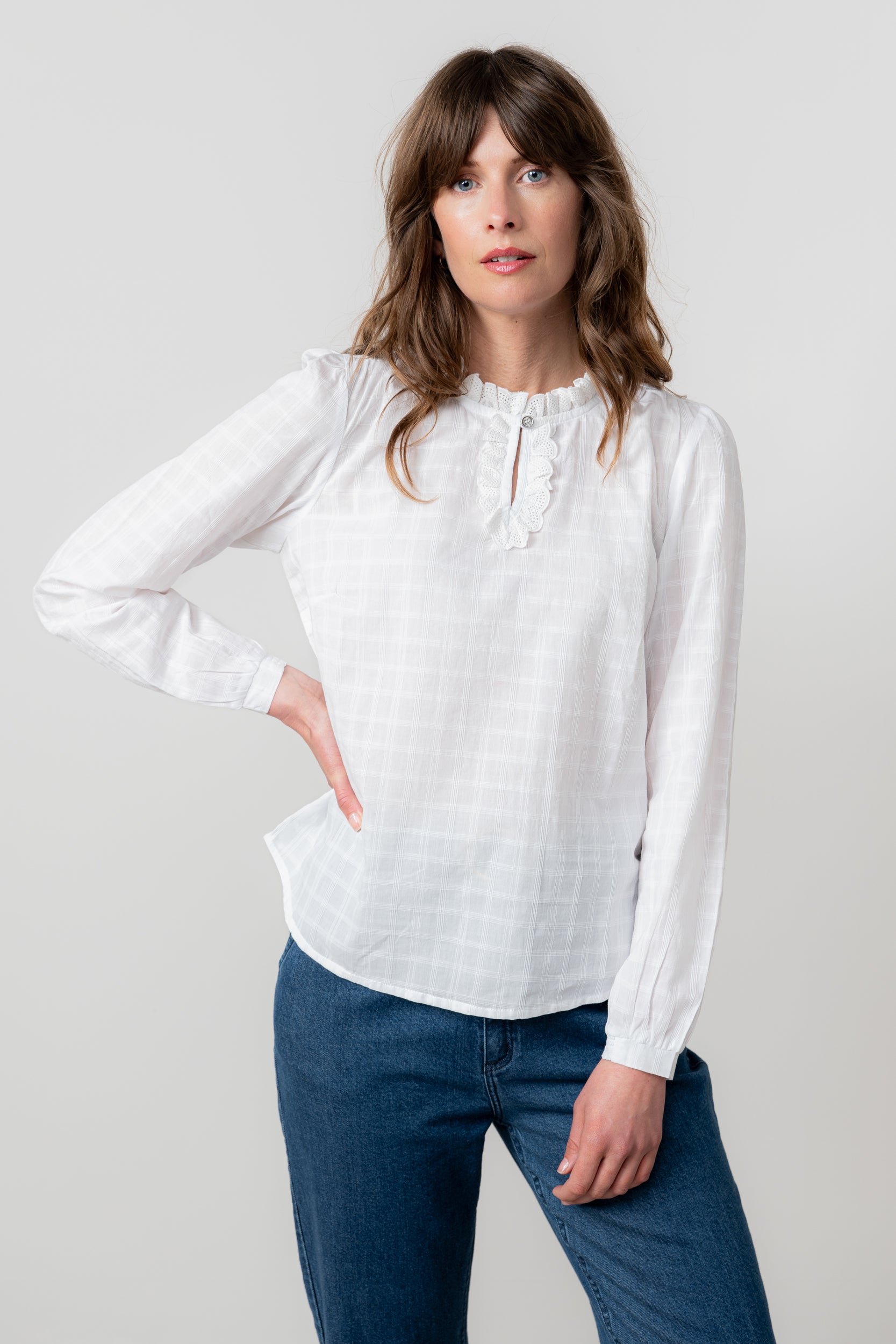 Lily and Me Emily Blouse Plain Check-Shirts & Tops-White finn