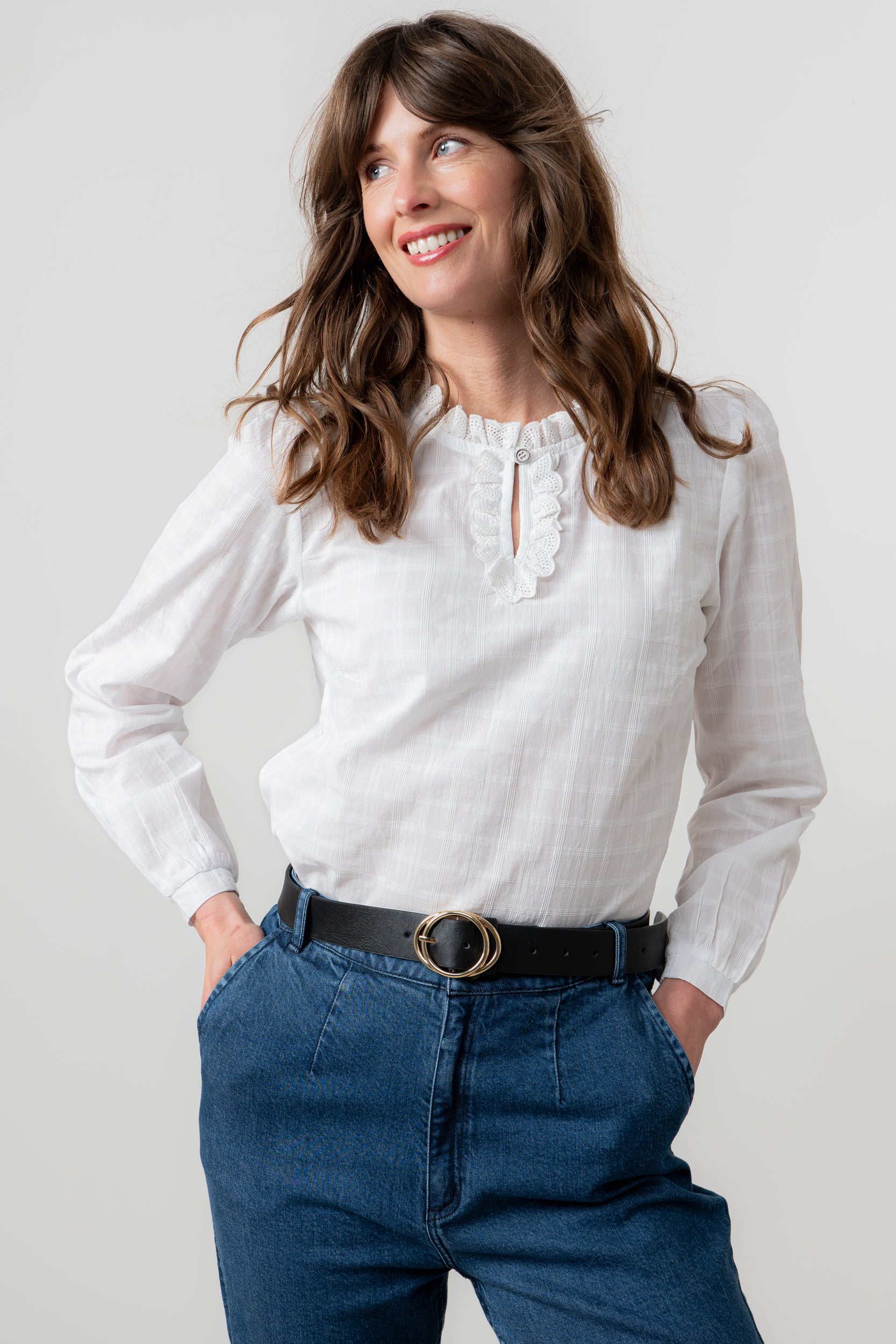 Lily and Me Emily Blouse Plain Check-Shirts & Tops-White finn