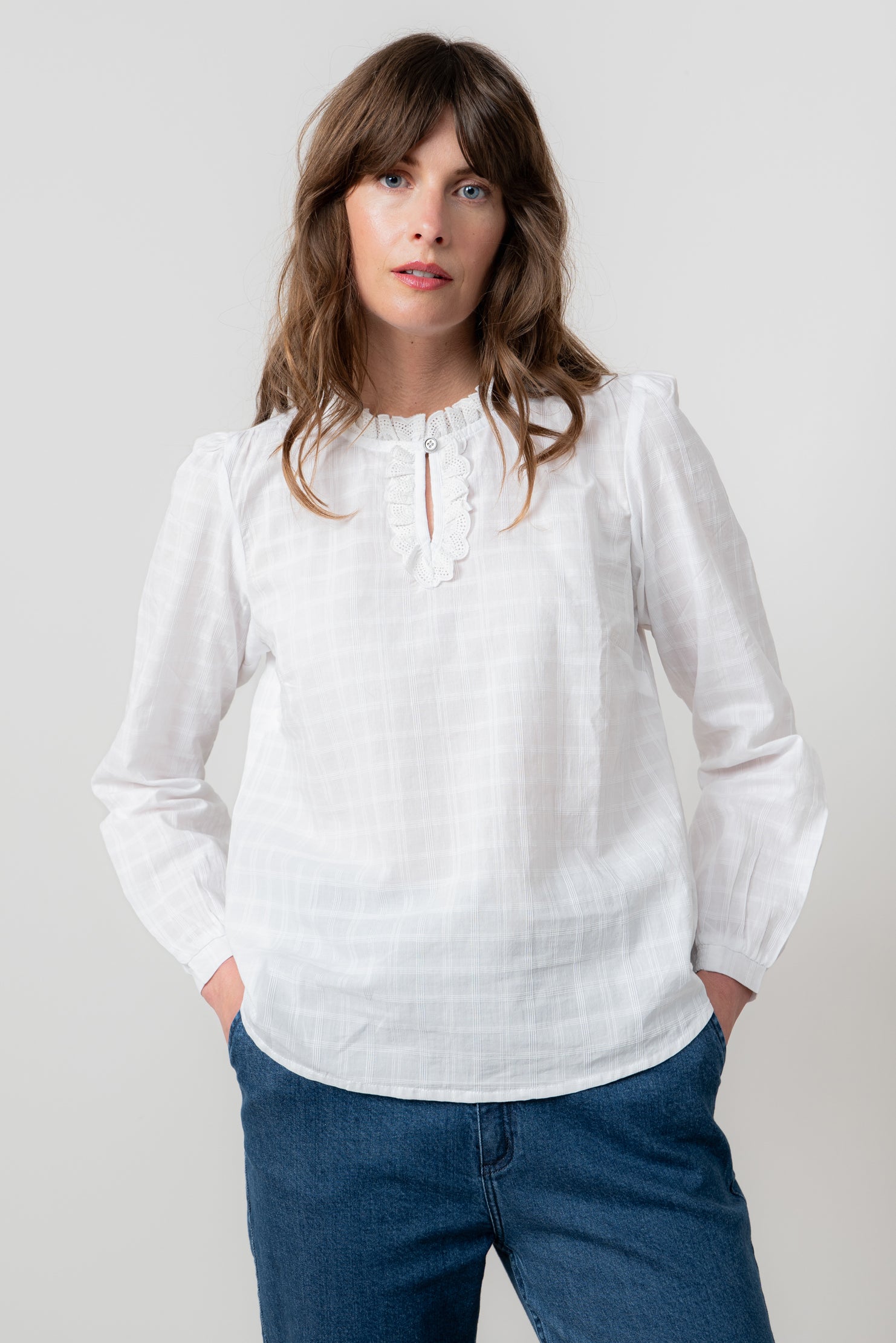 Lily and Me Emily Blouse Plain Check-Shirts & Tops-White finn