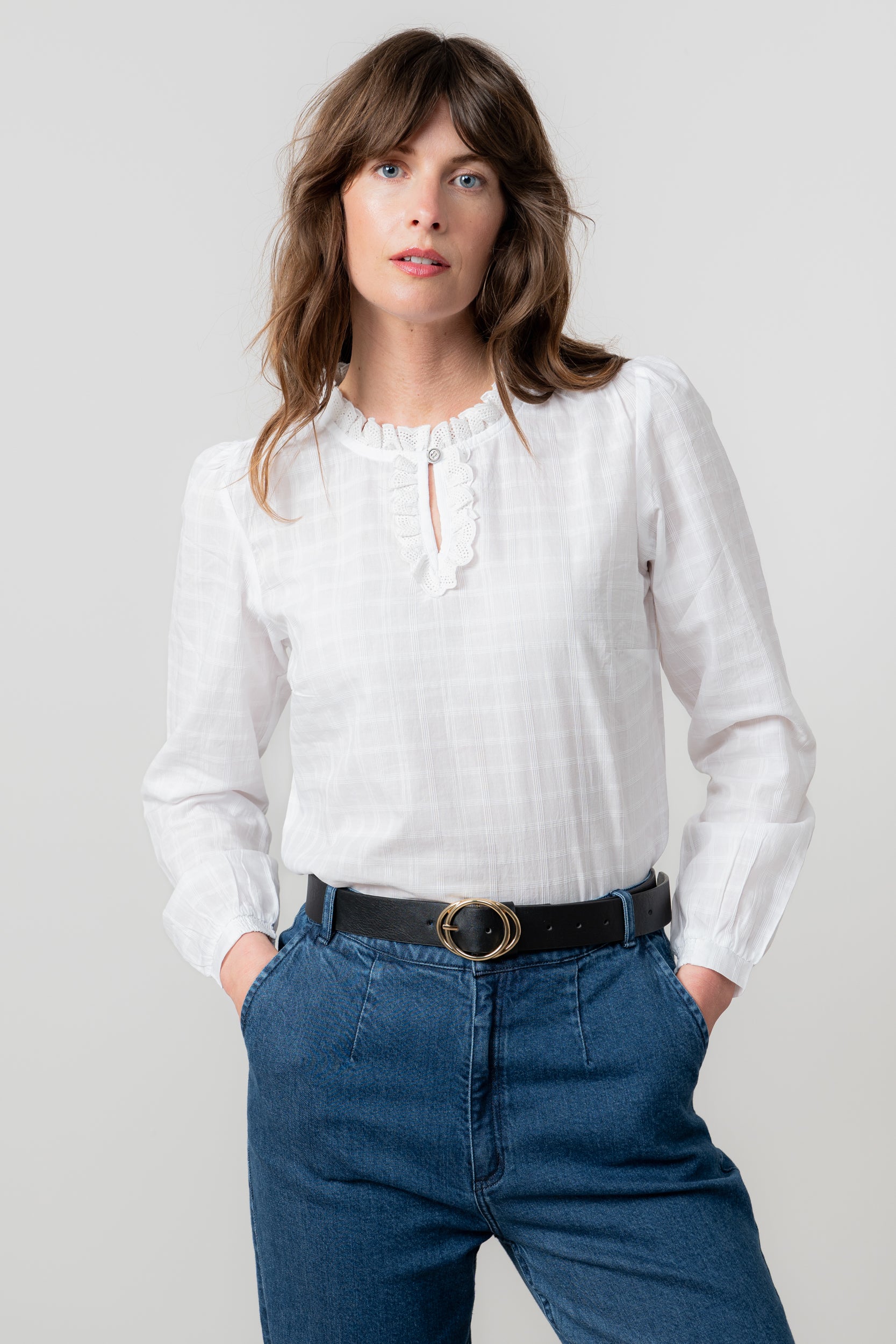Lily and Me Emily Blouse Plain Check-Shirts & Tops-White finn