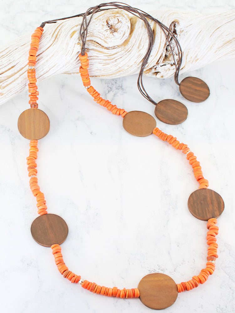 Long Beaded Wooden Disc Necklace