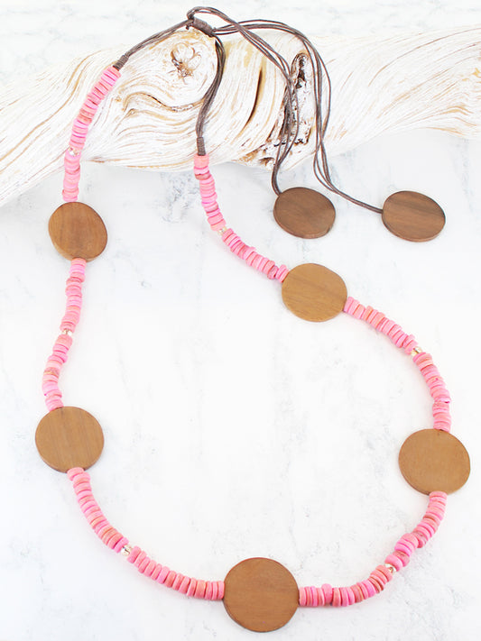 Long Bead Wood Disc Necklace