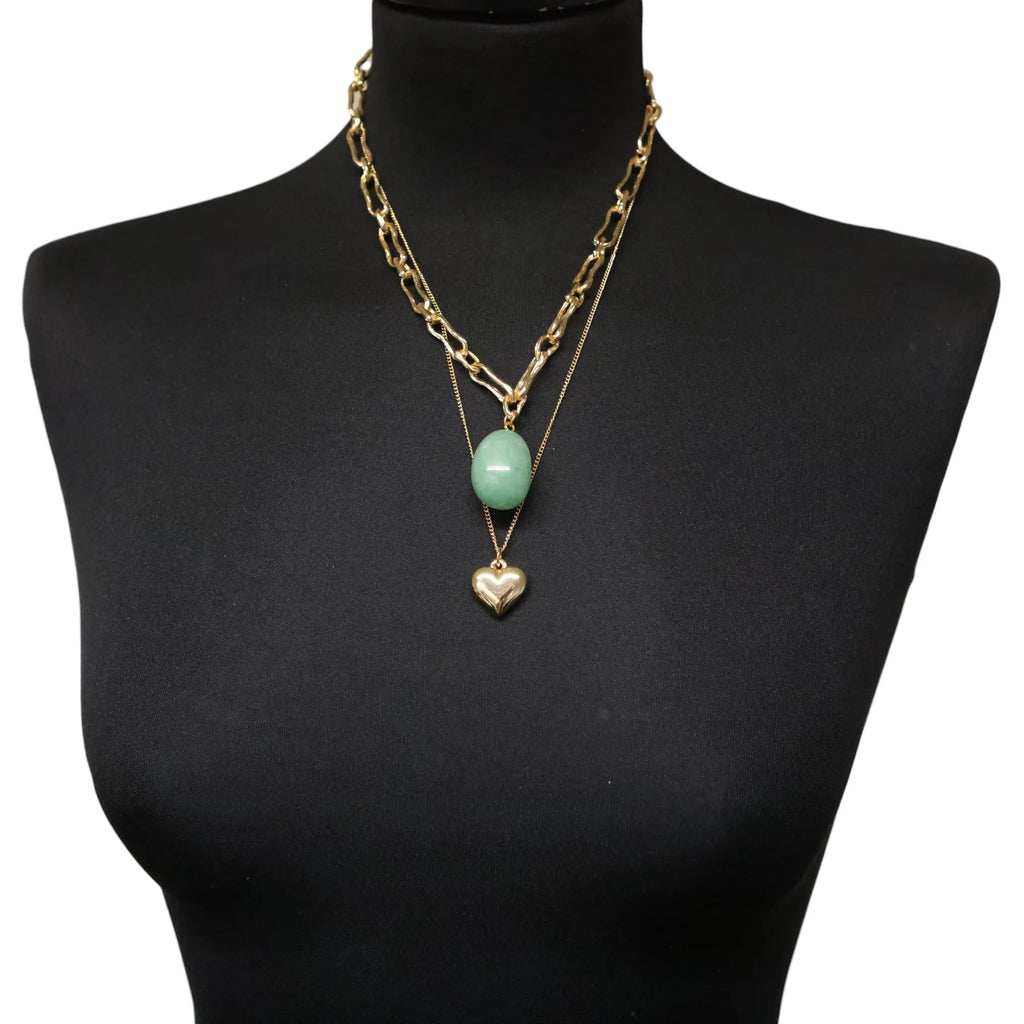 Jess and Lou Layered Necklace in gold- with Green stone and Heart-Necklace-White finn