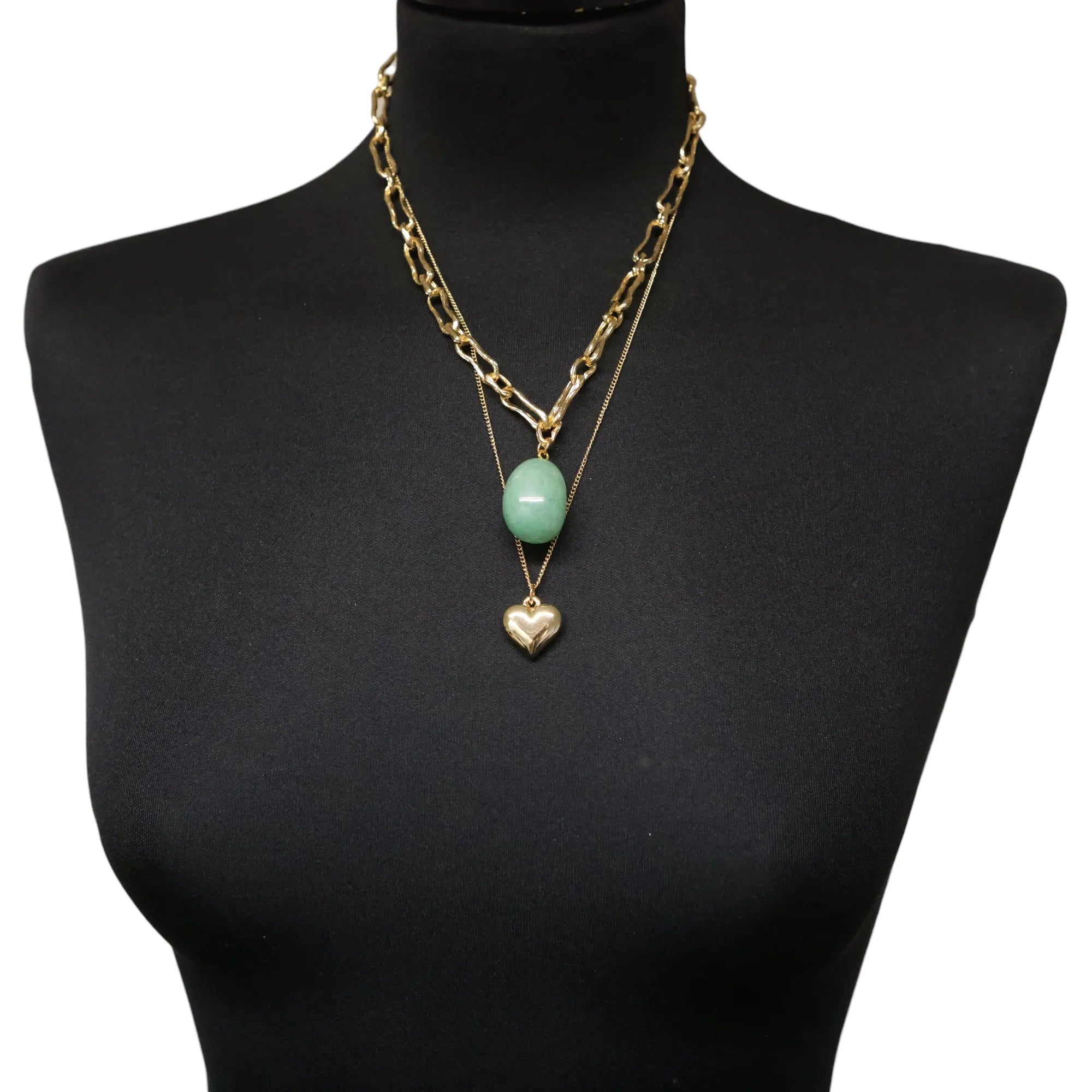 Jess and Lou Layered Necklace in gold- with Green stone and Heart-Necklace-White finn