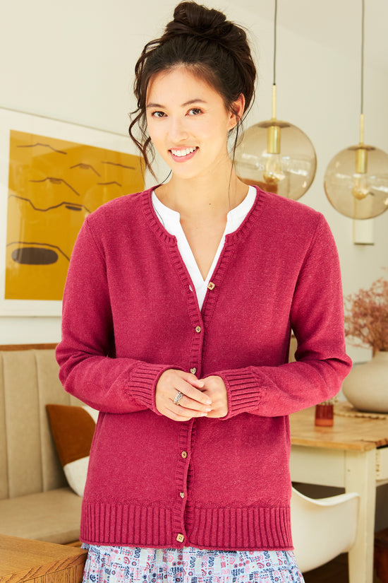 Notch Neck Roll Edge Cardigan   in Beetroot