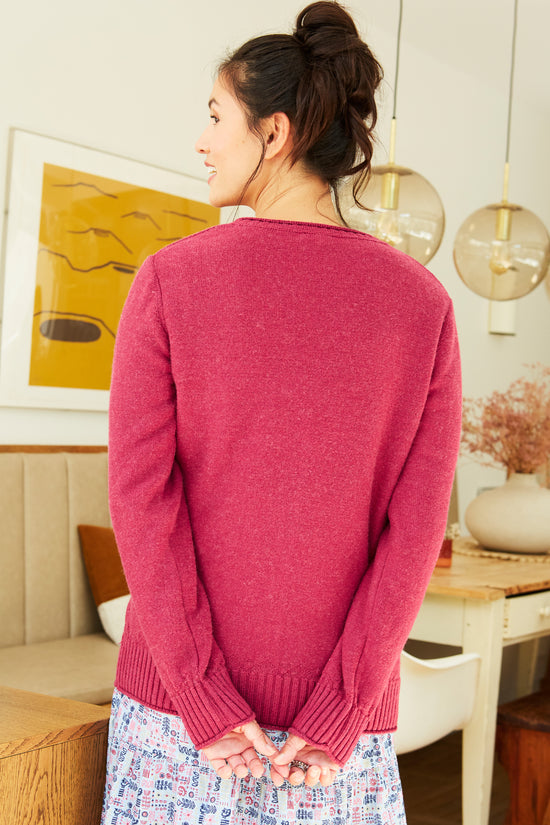 Notch Neck Roll Edge Cardigan   in Beetroot