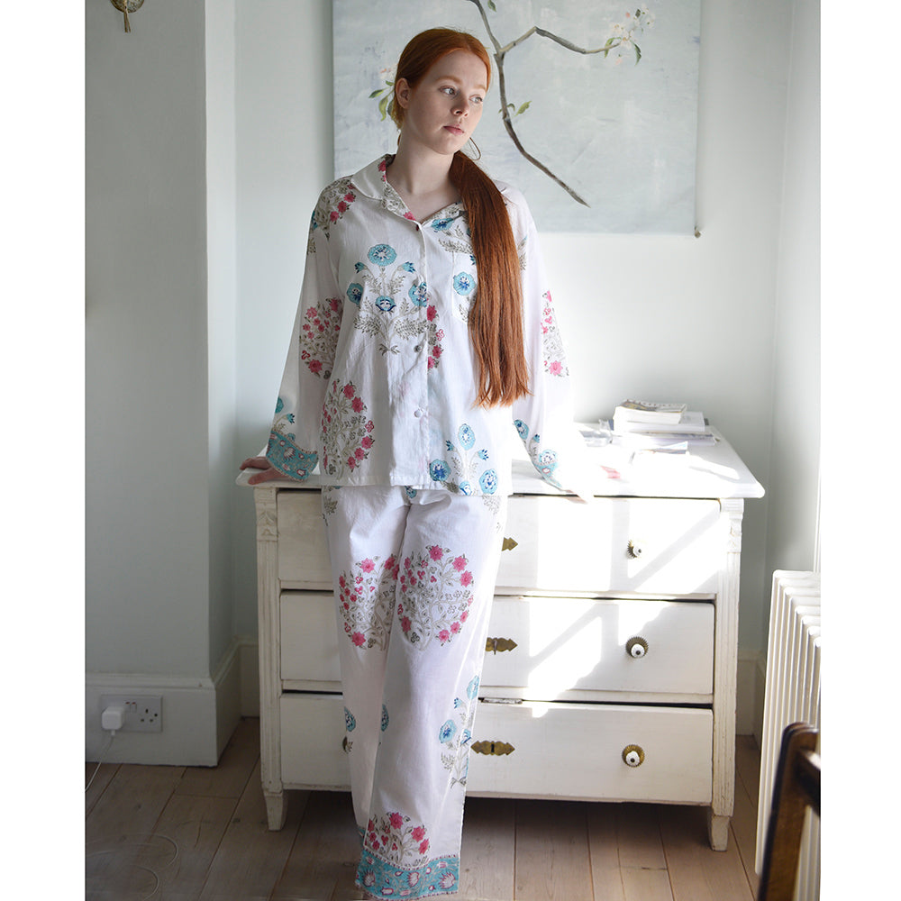Blue and Pink Floral Block Print Pajamas-Pajamas-White finn