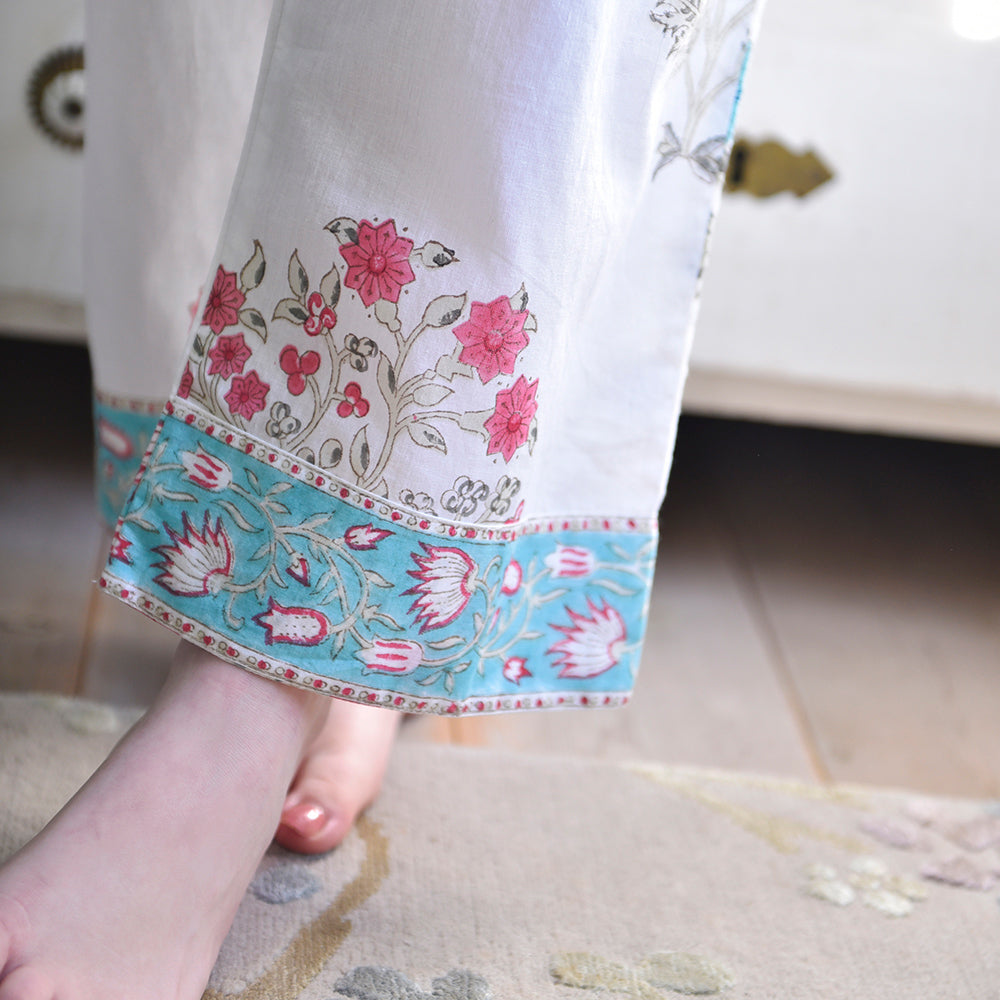Blue and Pink Floral Block Print Pajamas-Pajamas-White finn