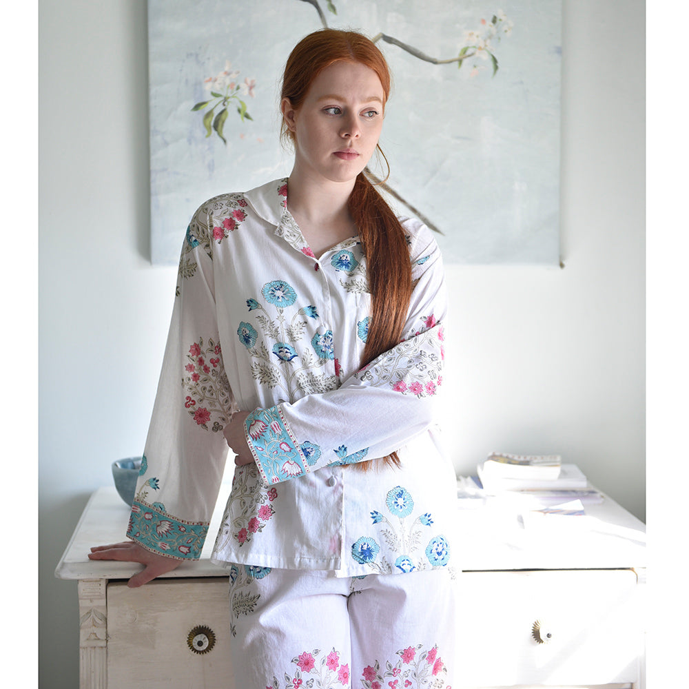Blue and Pink Floral Block Print Pajamas-Pajamas-White finn