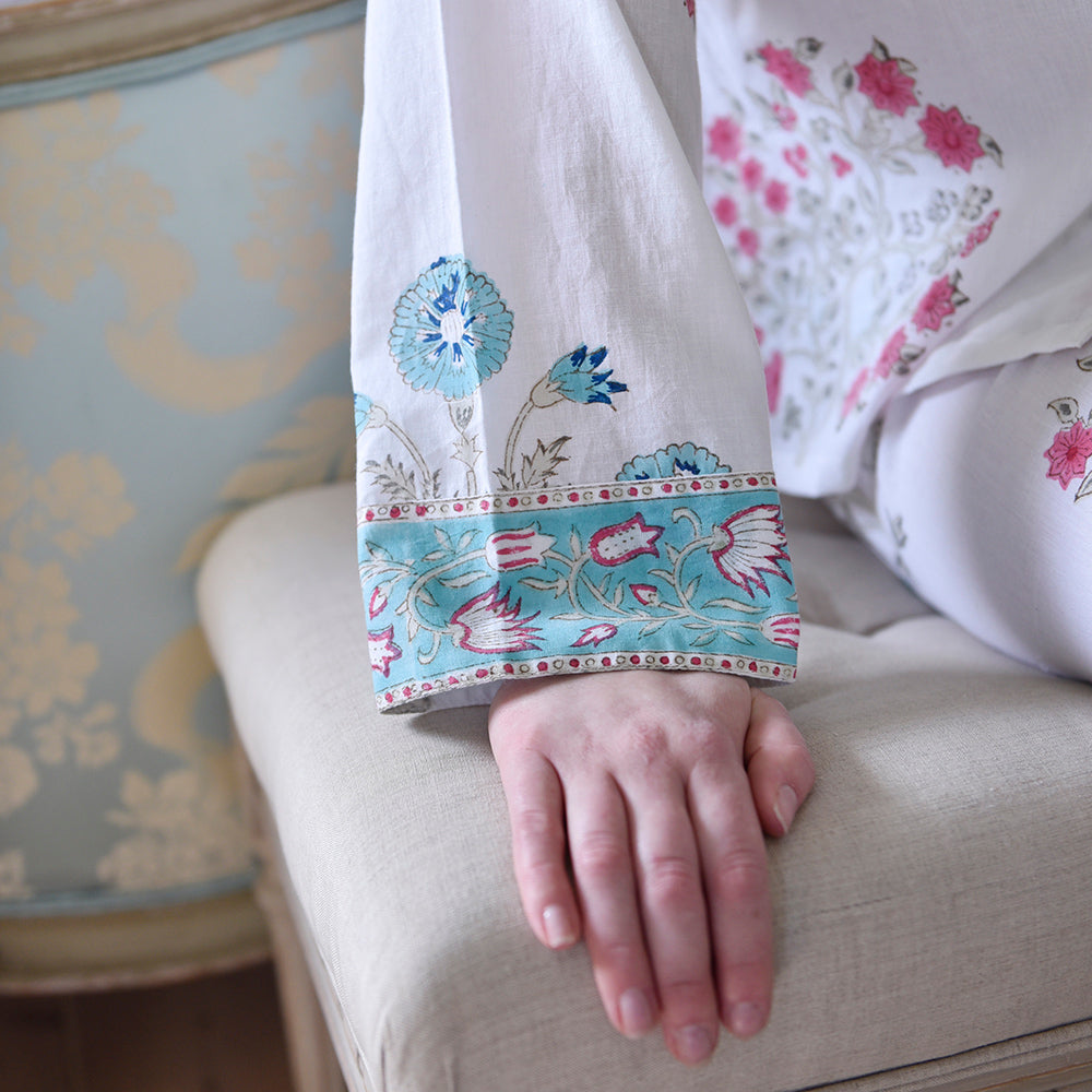 Blue and Pink Floral Block Print Pajamas-Pajamas-White finn