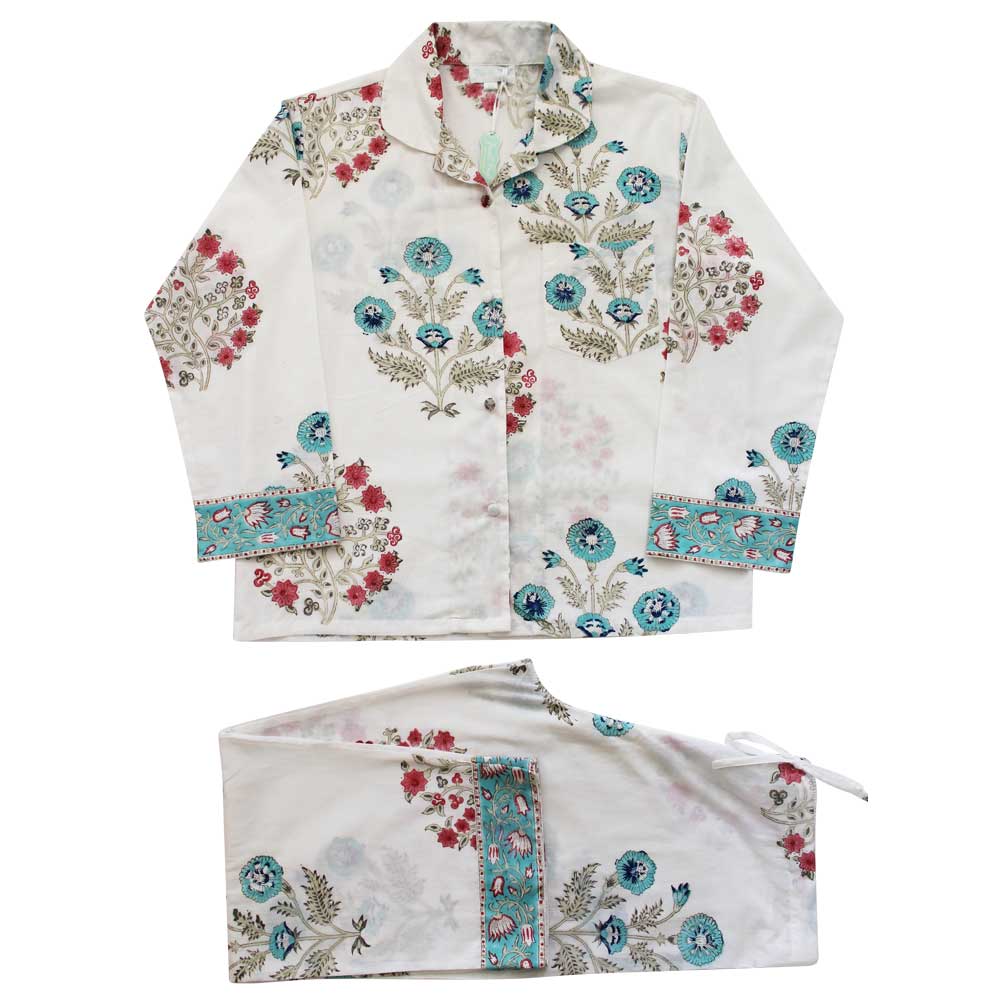 Blue and Pink Floral Block Print Pajamas-Pajamas-White finn