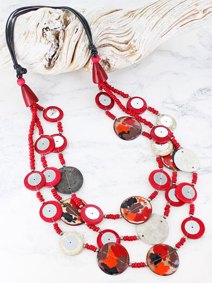 MULTI-STRAND COCONUT BEAD NECKLACE (RED TONES) UJ6419