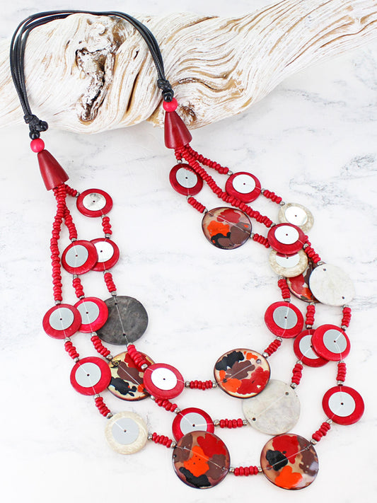 MULTI-STRAND COCONUT BEAD NECKLACE (RED TONES) UJ6419