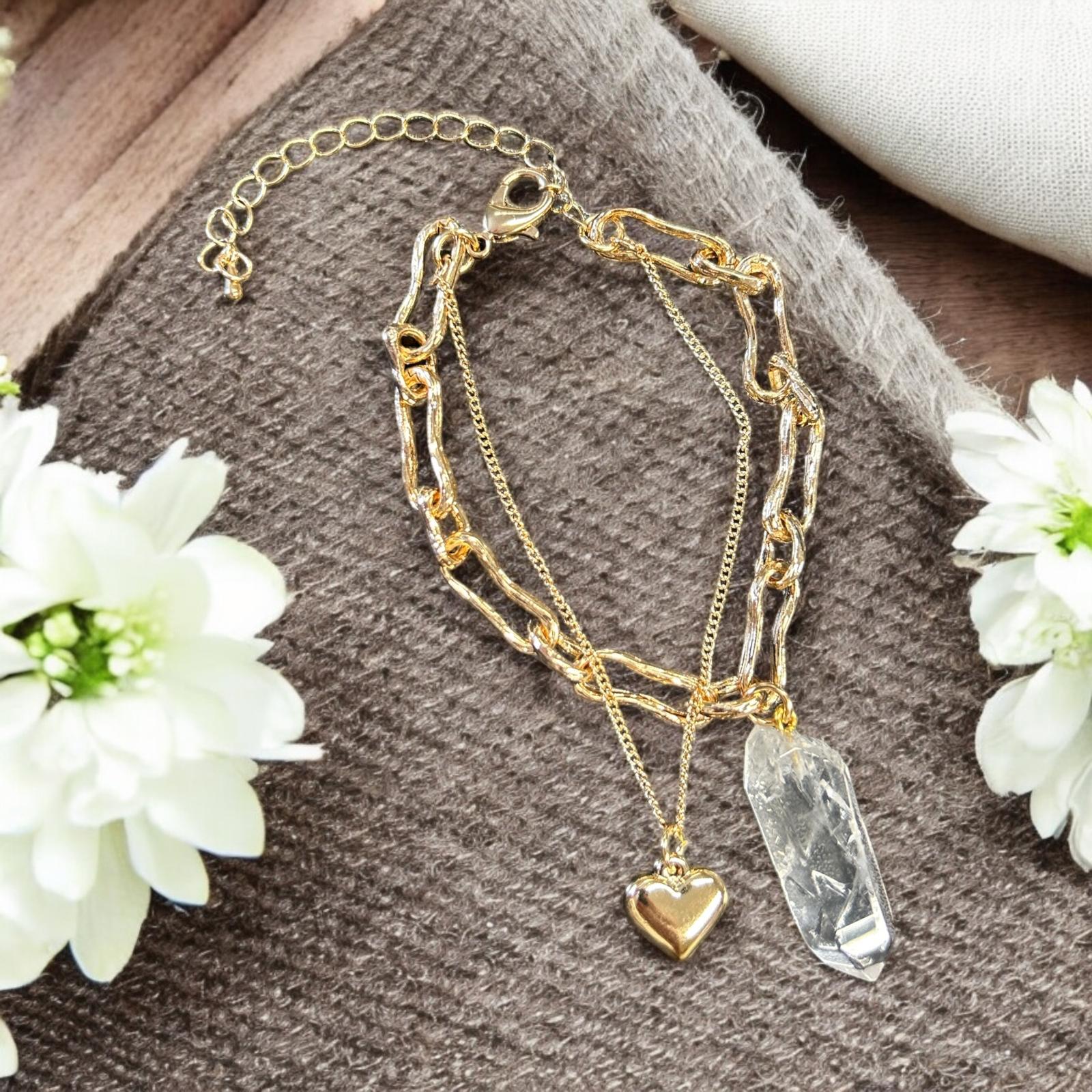 Elegant Layered Bracelet in gold- with White Quartz stone pendant BR232GW-Bracelet-White finn