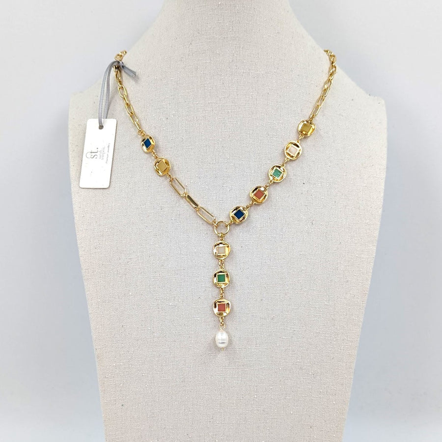 Byzantine enamel shapes inlay Y-shape necklace with real pearl drop XSST025N-GLD-MULTI-Necklace-White finn