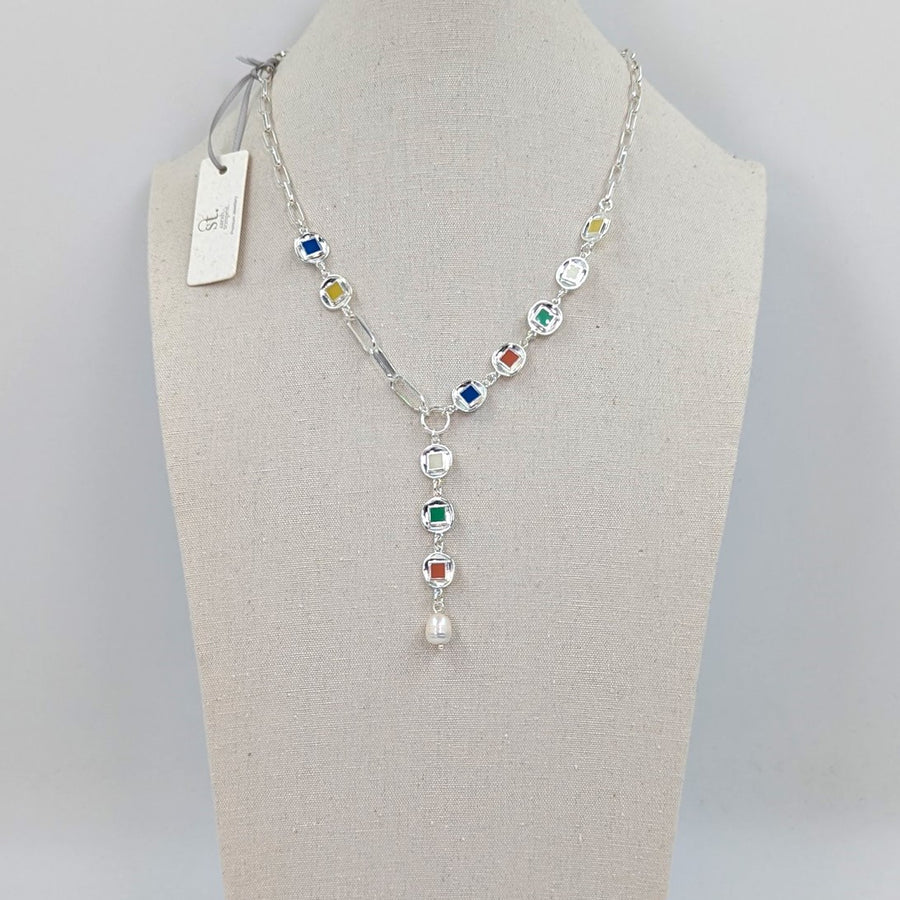 Byzantine enamel shapes inlay Y-shape necklace with real pearl drop XSST025N-GLD-MULTI-White finn