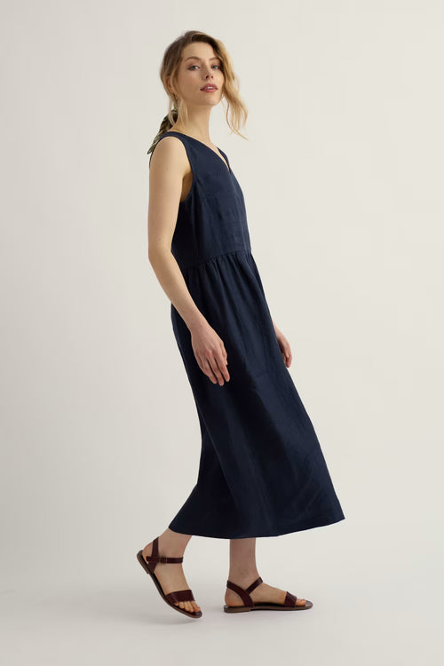 Seasalt Lowland Heather V-neck Linen Dress-Dress-10-Navy-
