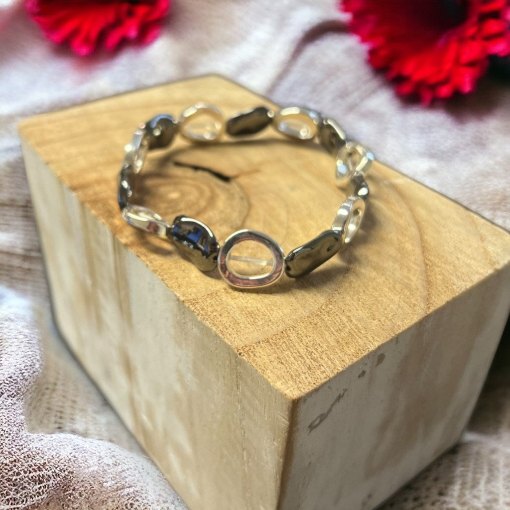 Jess & Lou Silver & Pewter Pebble and Hoops Multi Linked stretch Bracelet