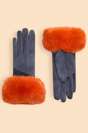 Bettina Faux Suede/Faux Fur Gloves in Tangerine/Navy