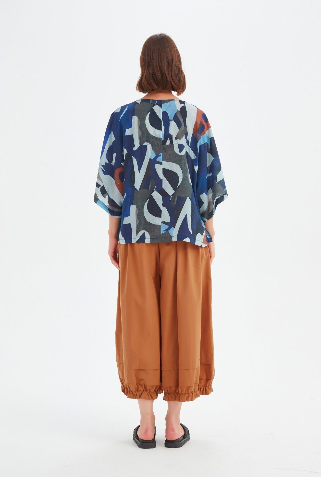 Tirelli Wide Sleeve Print Top Blue Abstract