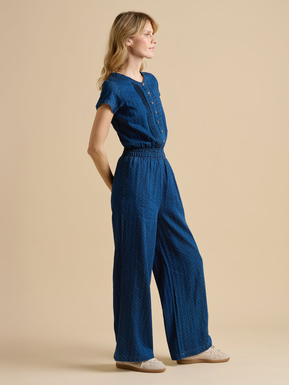 Brakeburn Spot Denim Wide Leg Jumpsuit-White finn