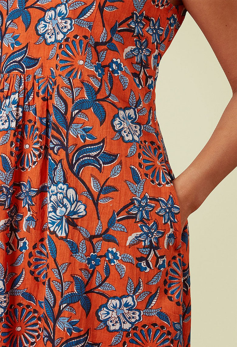 Adini Trailing Botanical Tasha Dress - Red Orange-Adini-White finn
