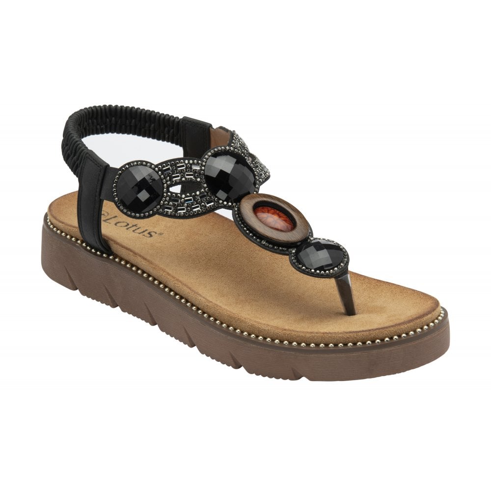 Lotus Black Alcina Toe-Post Sandals | Lotus