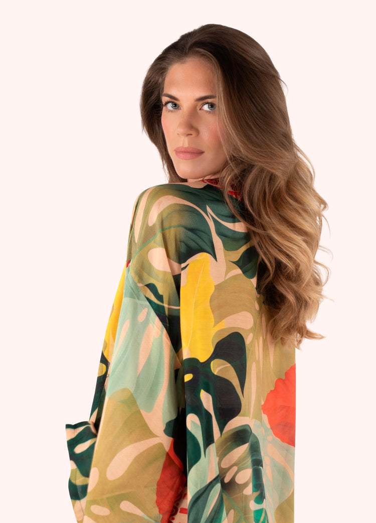 Powder Kimono Jacket - Exotic Leaves-Powder-White finn
