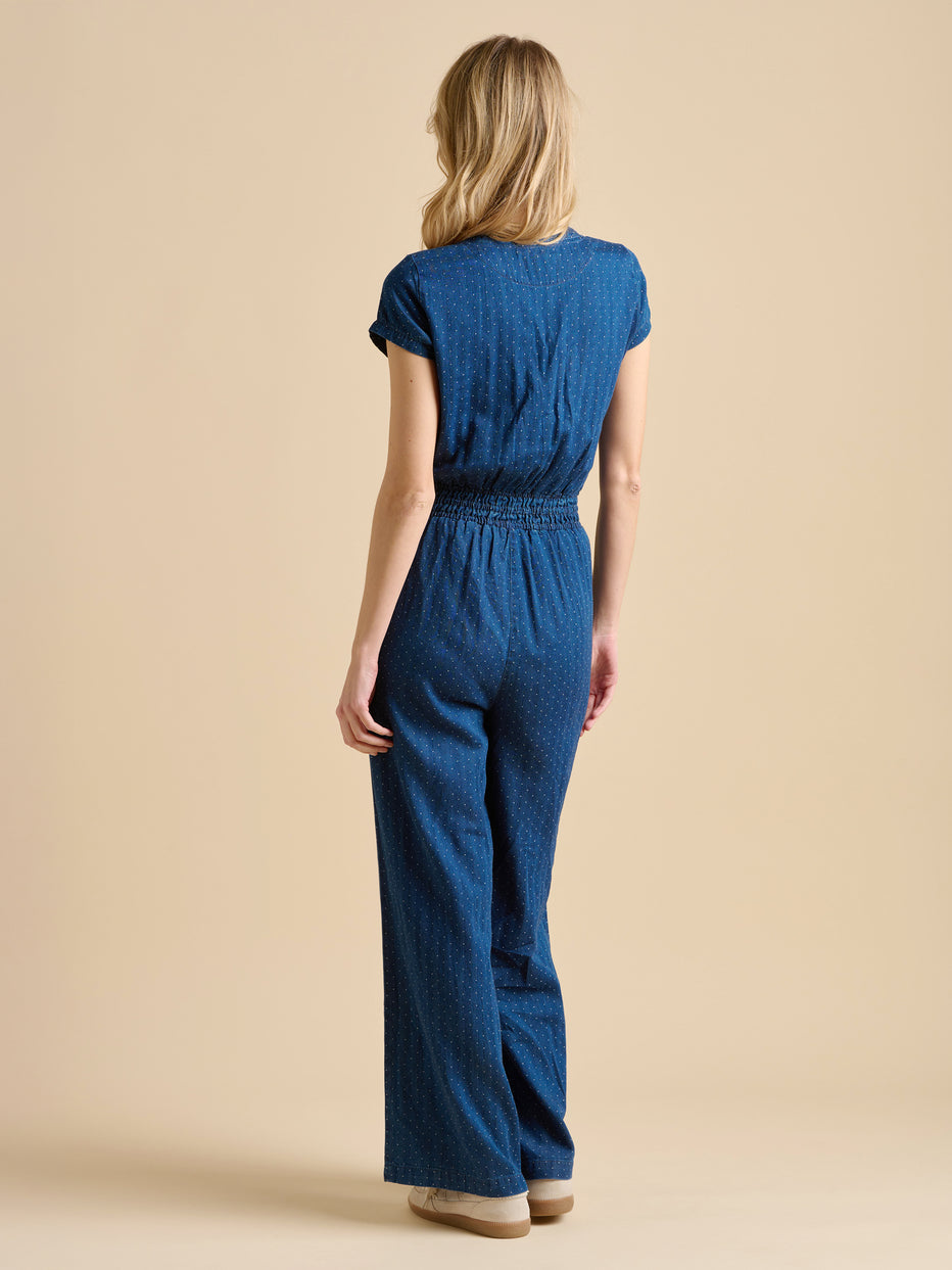 Brakeburn Spot Denim Wide Leg Jumpsuit-White finn