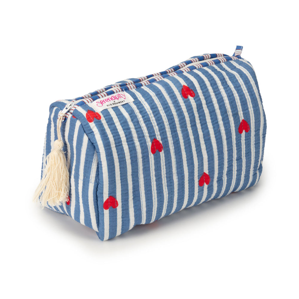 Ellie Beaumont Serendipity Cotton Cosmetic Bag Blue Stripe Red Heart LARGE
