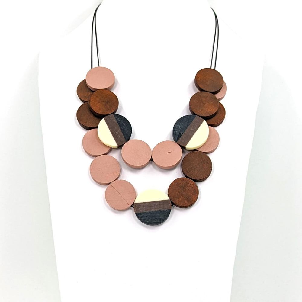 Tempest Double layer contemporary wood disc necklace with fused resin accents YN016N