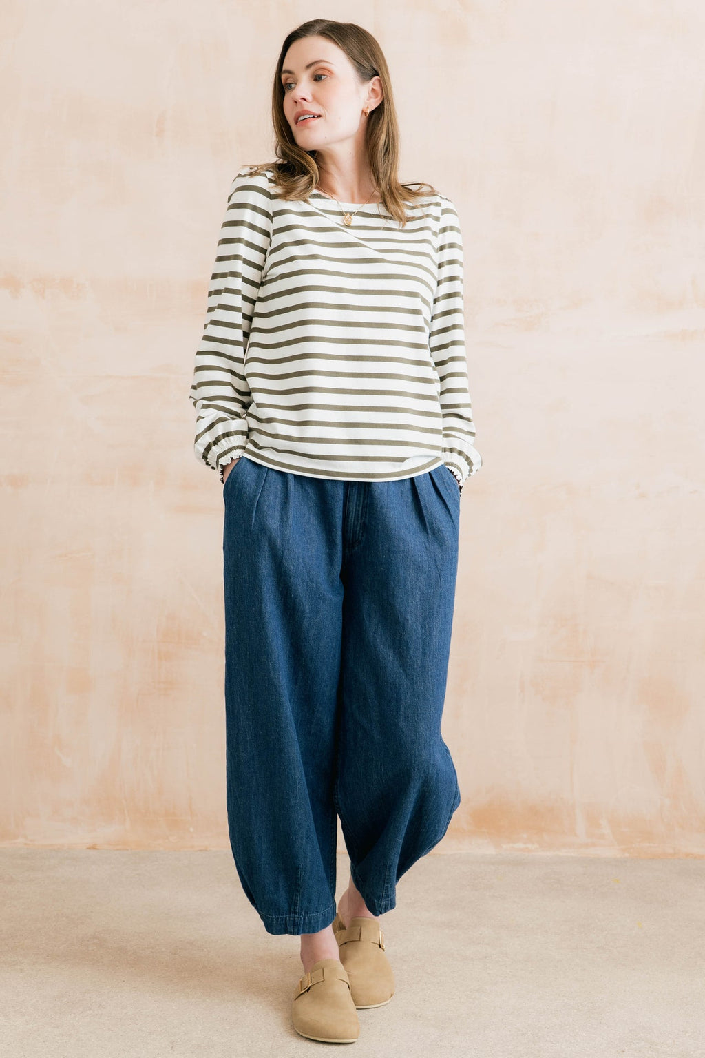 Lily and Me Caroline Striped Organic Cotton Jersey Top Olive/Ecru