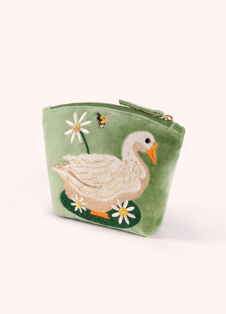 Powder Embroidered Velvet Mini Pouch - Garden Goose-Powder-White finn