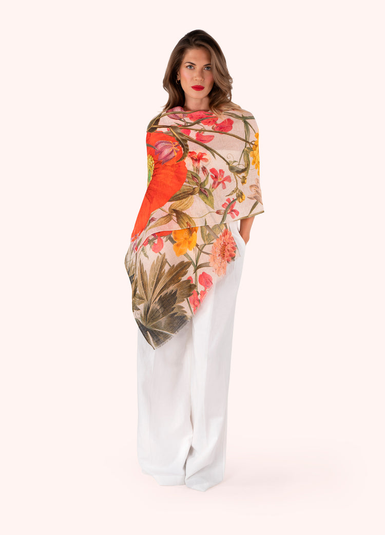 Powder Fine Flowers Scarf Linen/Cotton Mix-Powder-White finn