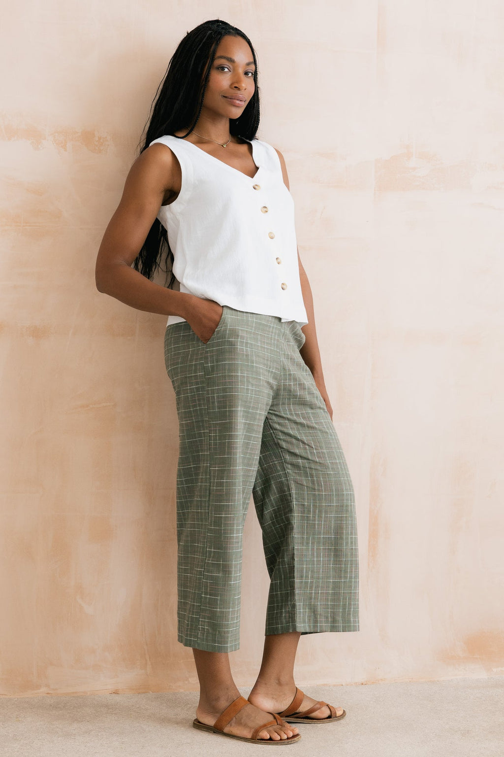 Lily and Me Greta Checked Cotton Cropped Trousers Green-Lily and Me-White finn