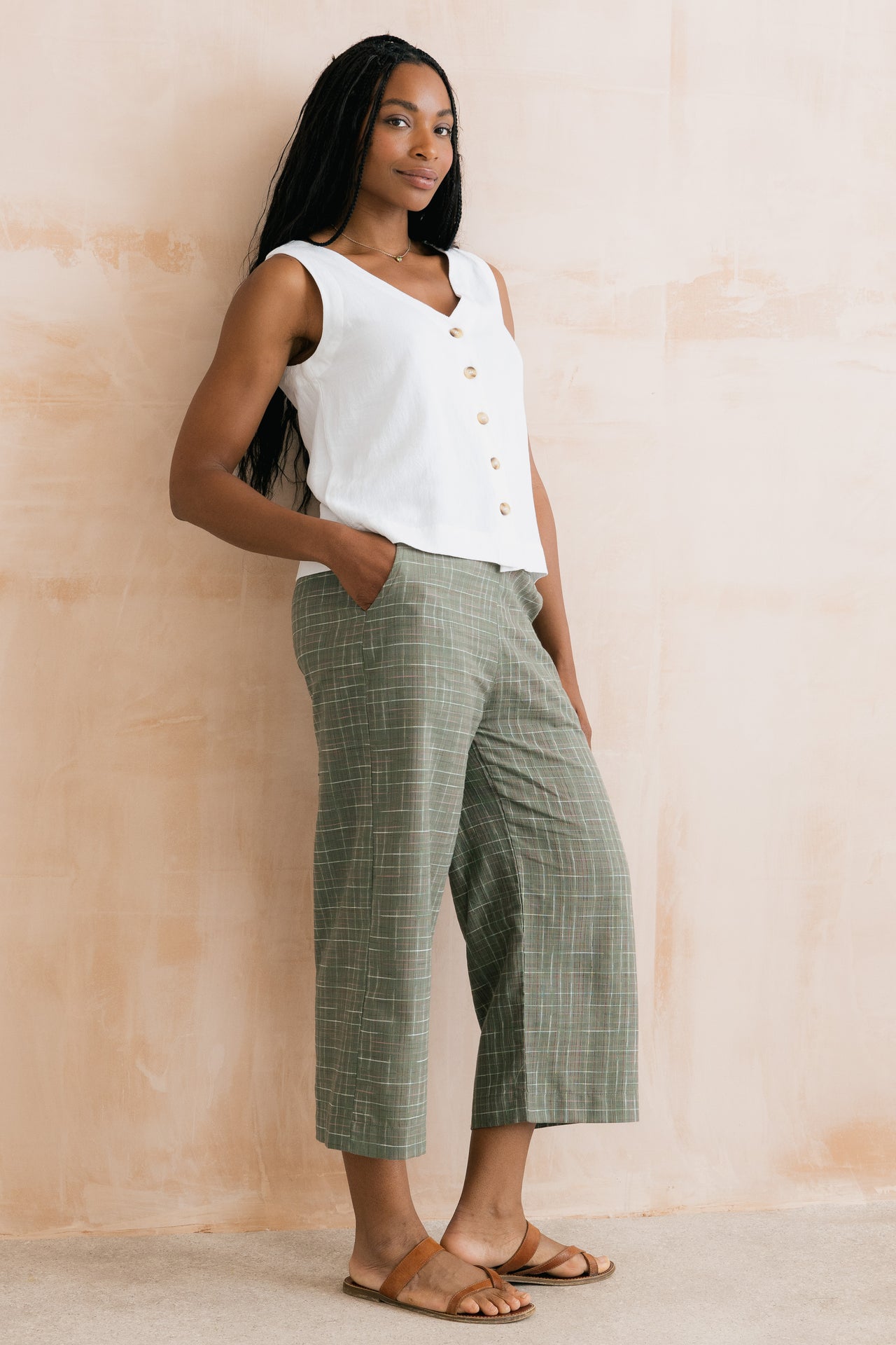 Lily and Me Greta Checked Cotton Cropped Trousers Green-Lily and Me-White finn
