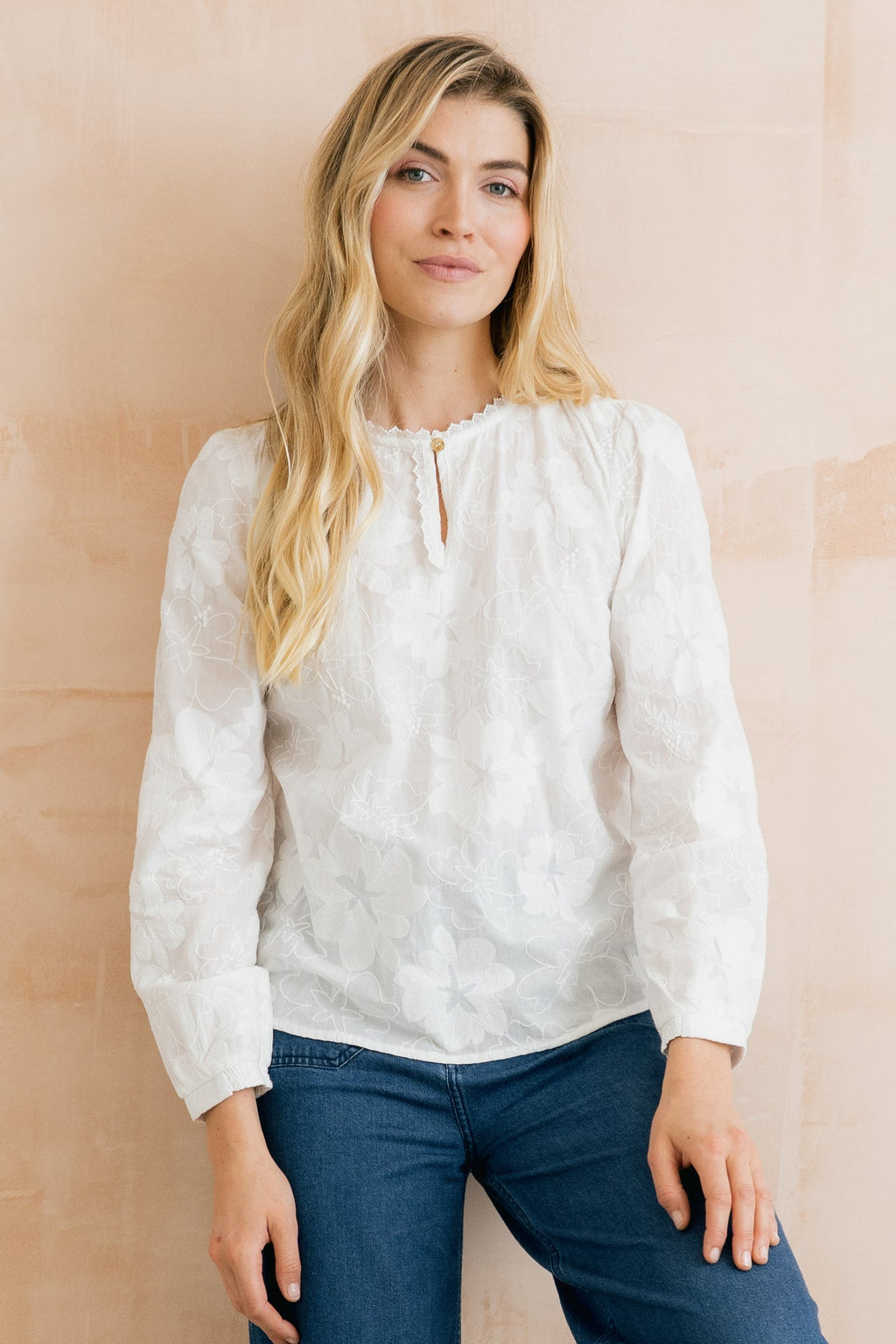 Lily and Me Emily Embroidered Cotton Keyhole Blouse White