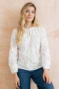 Lily and Me Emily Embroidered Cotton Keyhole Blouse White