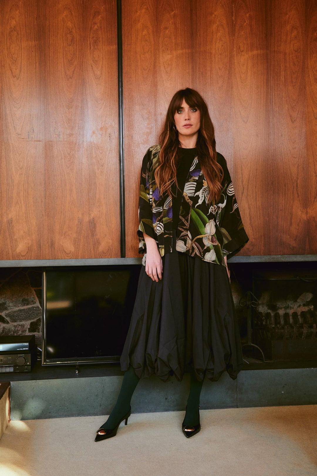 One Hundred Stars Orchid Black Crepe Kimono