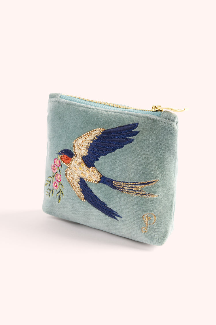 Powder Embroidered Velvet Mini Pouch - Swooping Swallows-Powder-White finn