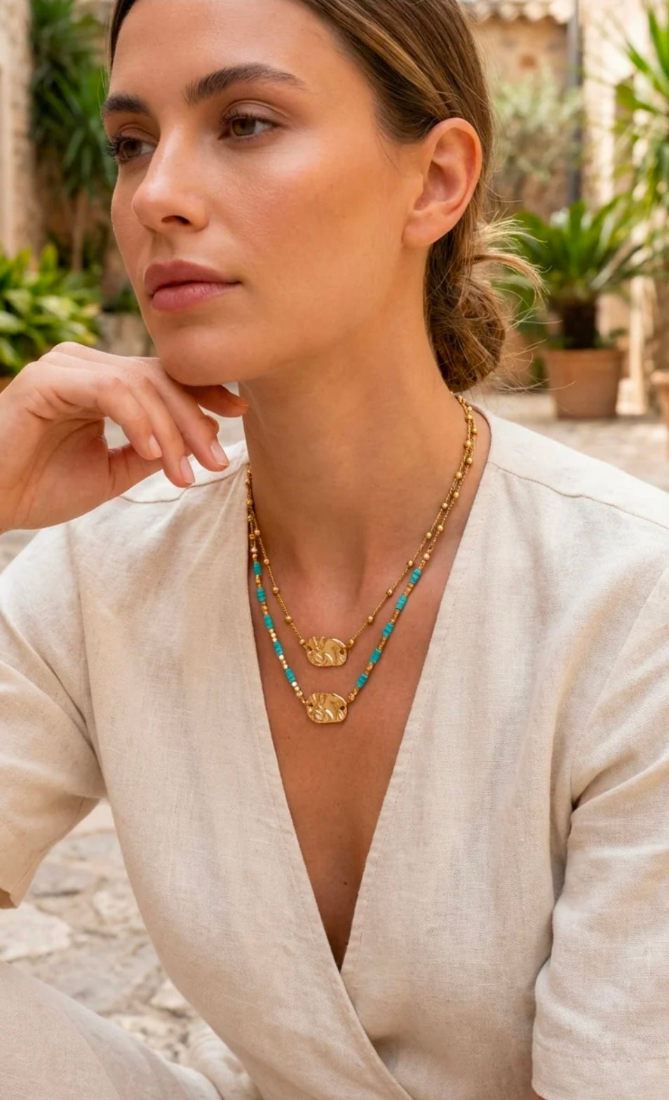 Envy 4889 Short gold and turquoise double layer bead necklace with pendants-Envy-White finn