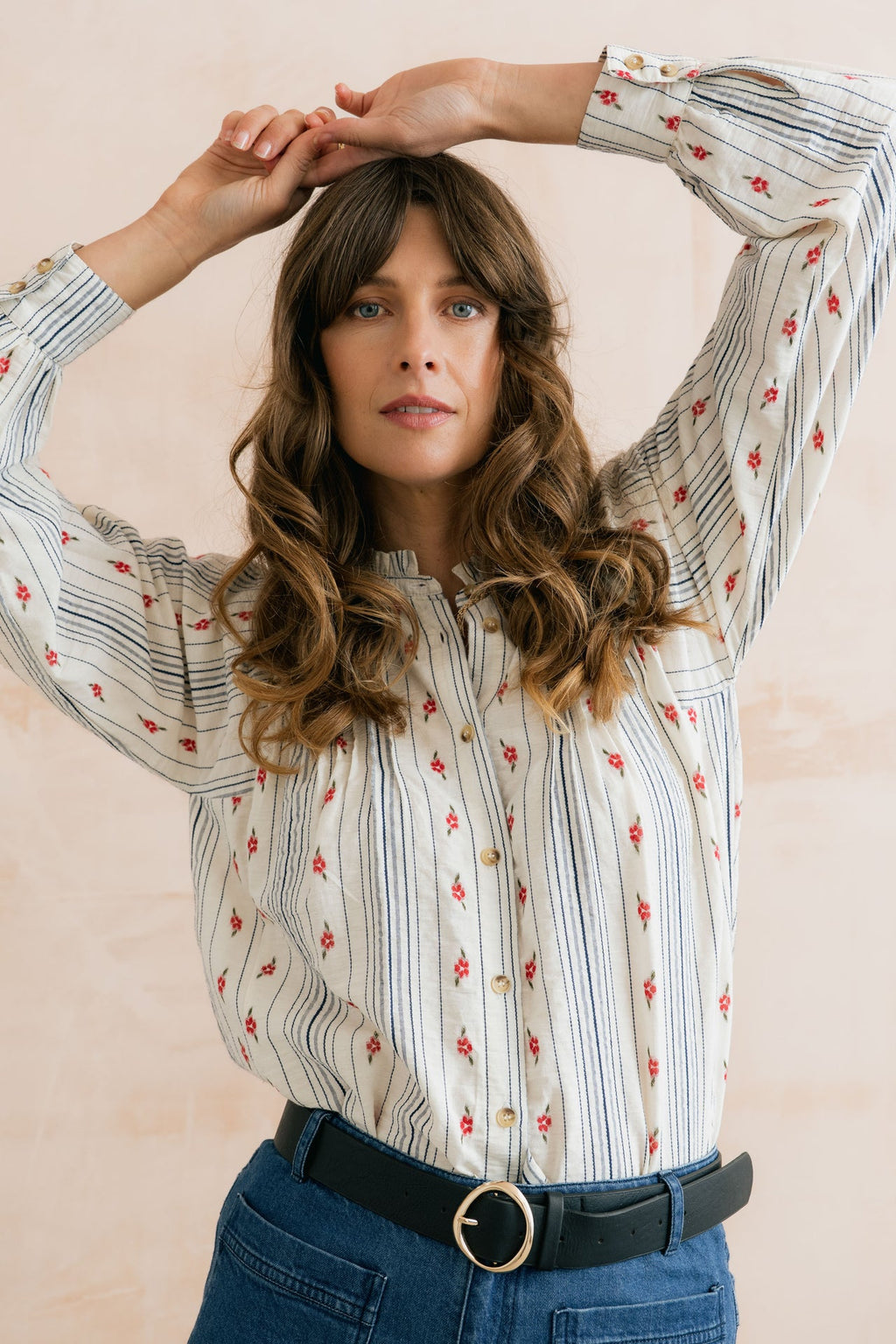 Lily and Me Flora Embroidered Stripe Blouse Ecru-Lily and Me-White finn