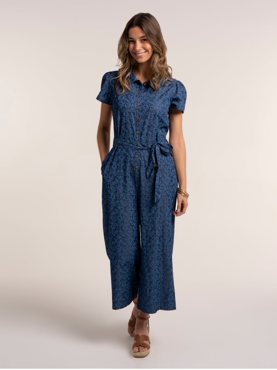 Brakeburn Buzios Ikat Printed Cropped Wide Leg Jumpsuit-Jumpsuits-8-Blue-