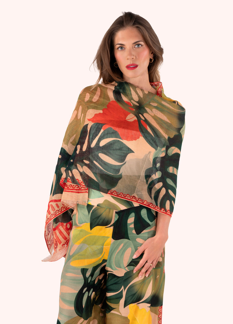 Powder Linen/Cotton Scarf - Exotic Leaves-Powder-White finn