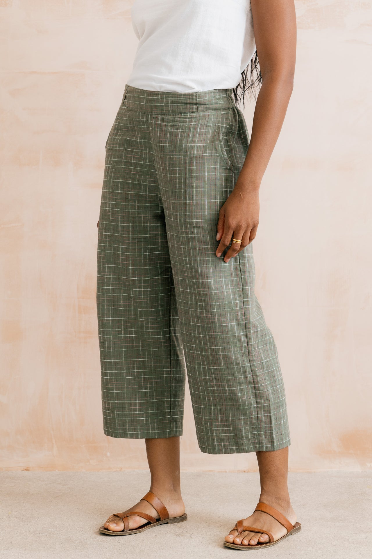 Lily and Me Greta Checked Cotton Cropped Trousers Green-Lily and Me-White finn