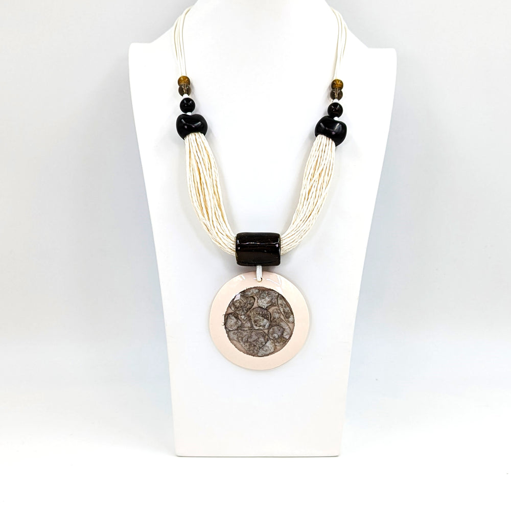 Luxury twine necklace with resin disc and shell inlay and cord UJ078N
