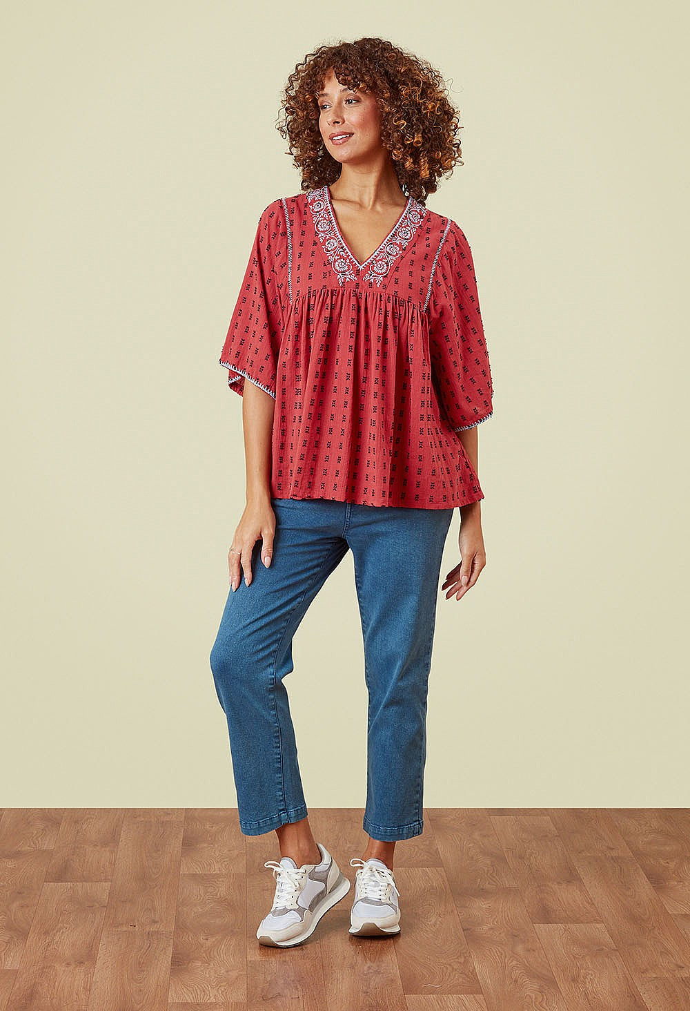 Adini Cotton Jacquard Dobby Top - Spiced Red-Adini-White finn