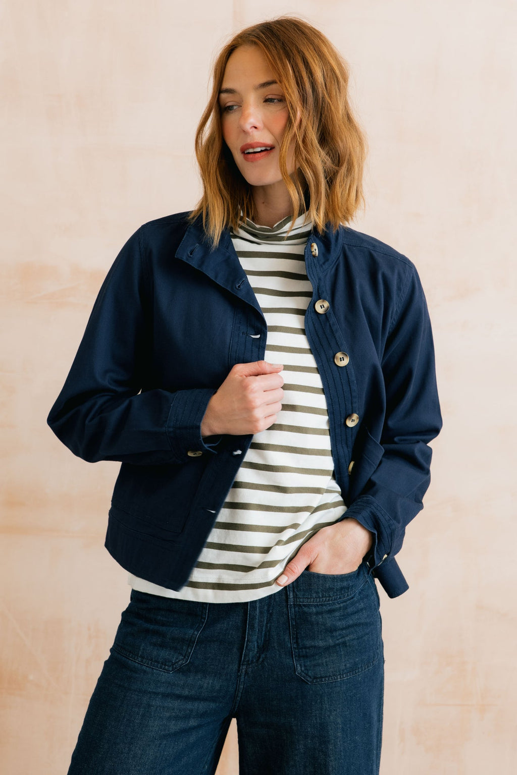 Lily and Me Maya High Neck Stretch Twill Jacket Navy